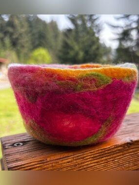 Handcrafted Felted Wool Bowl in Bright Pink, Orange, and Lime Green